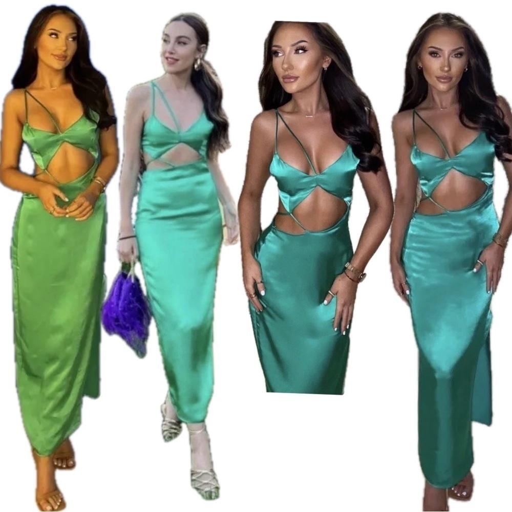Zara green satin effect asymmetrical cut-out strappy crisscross slit midi dress - Picture 3 of 12